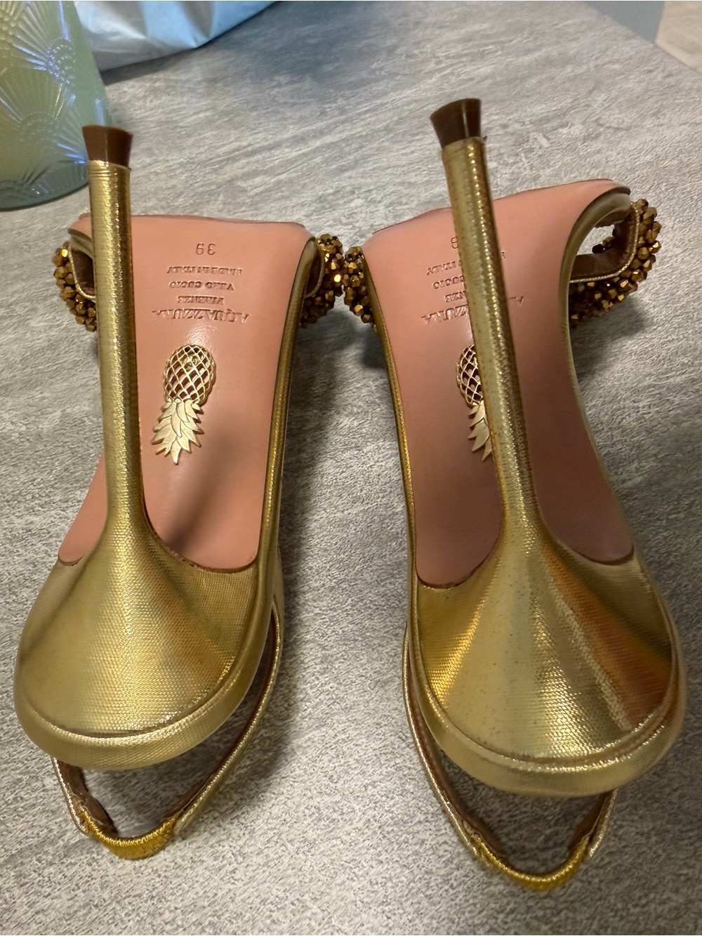 Aquazzura Metallic Gold Crystal-Embellished Slingback Heels - Picture 4 of 10